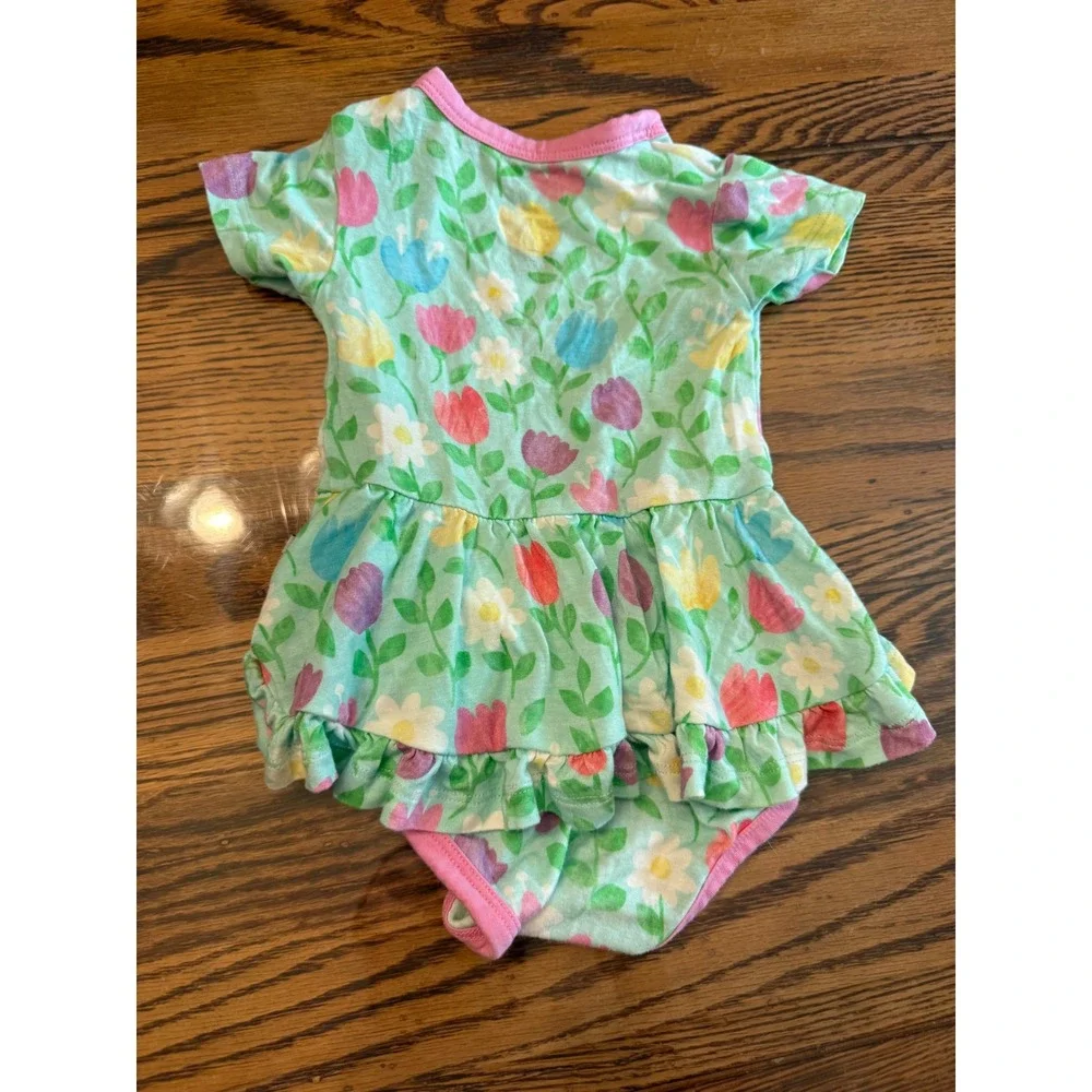 Birdie Bean Tutu Bodysuit Baby Girls 3-6 Months Green Floral Bamboo Ruffle Dress